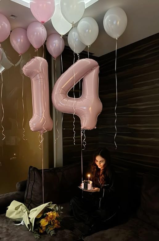 40 Inch Pearlescent Pink Large Number 4 Balloons, Giant Foil Number Four 14 24 34 40 44 Balloons, Pearl Pink Mylar Big Balloon for Anniversary Graduation Decorations