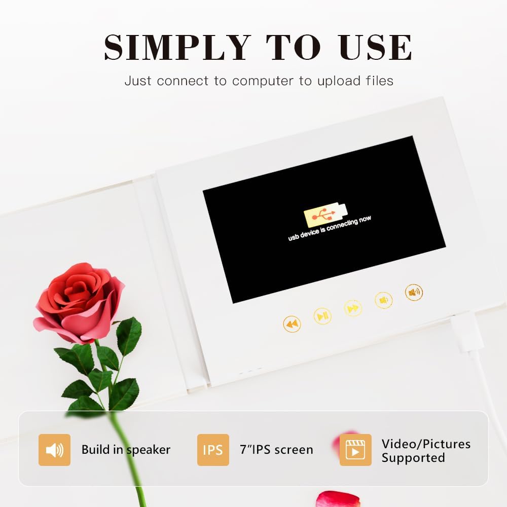 OUR WEDDING - GOLD FOIL Luxury Linen Bound Video Book Video Album Up to 2.5 hours of video, 7” IPS Display, 4GB of memory & Rechargeable Battery (OUR WEDING), White