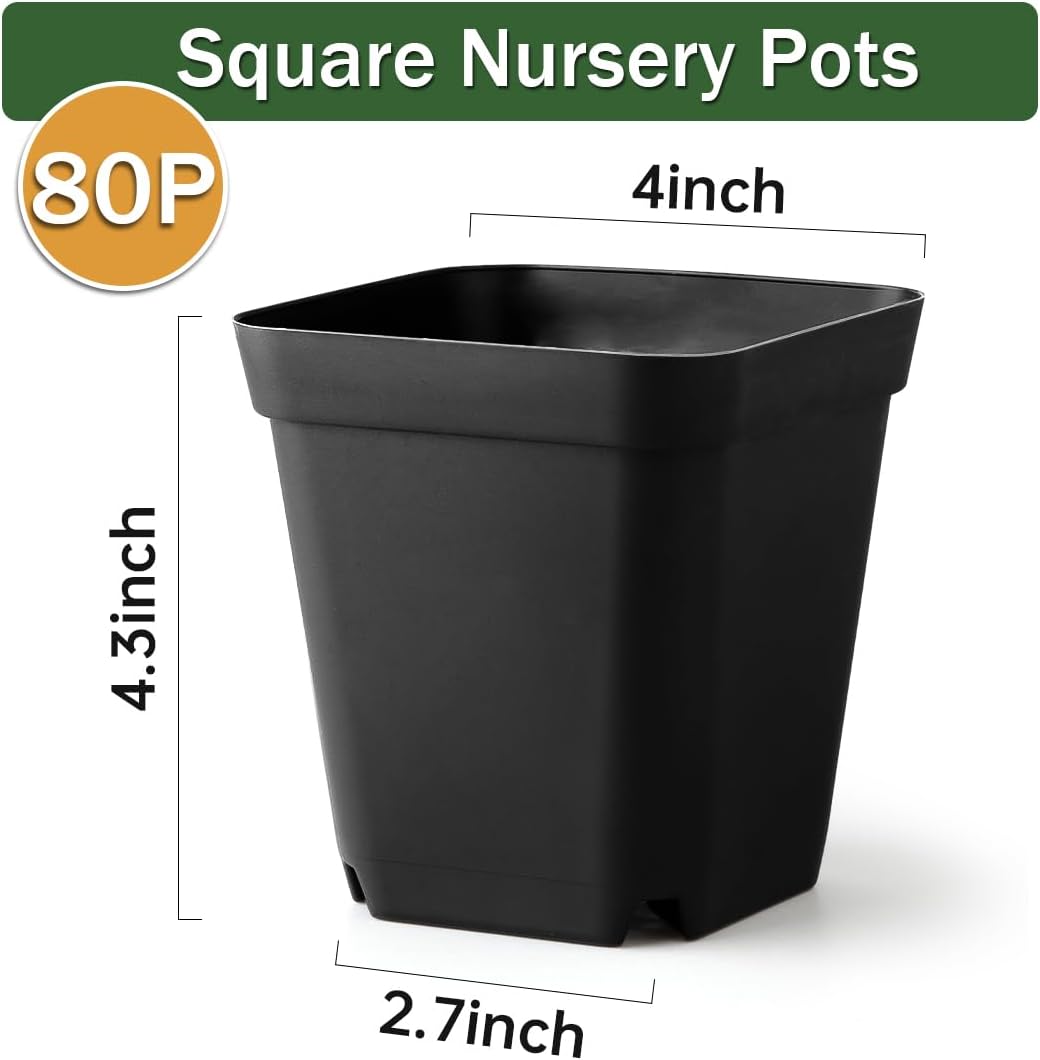 80 Pcs Nursery Pots 4 Inch, Plastic Seed Starting Pot with Drainage Holes, Sturdy Seedling pots for Planting, Succulents, Transplanting, Cuttings (Black)