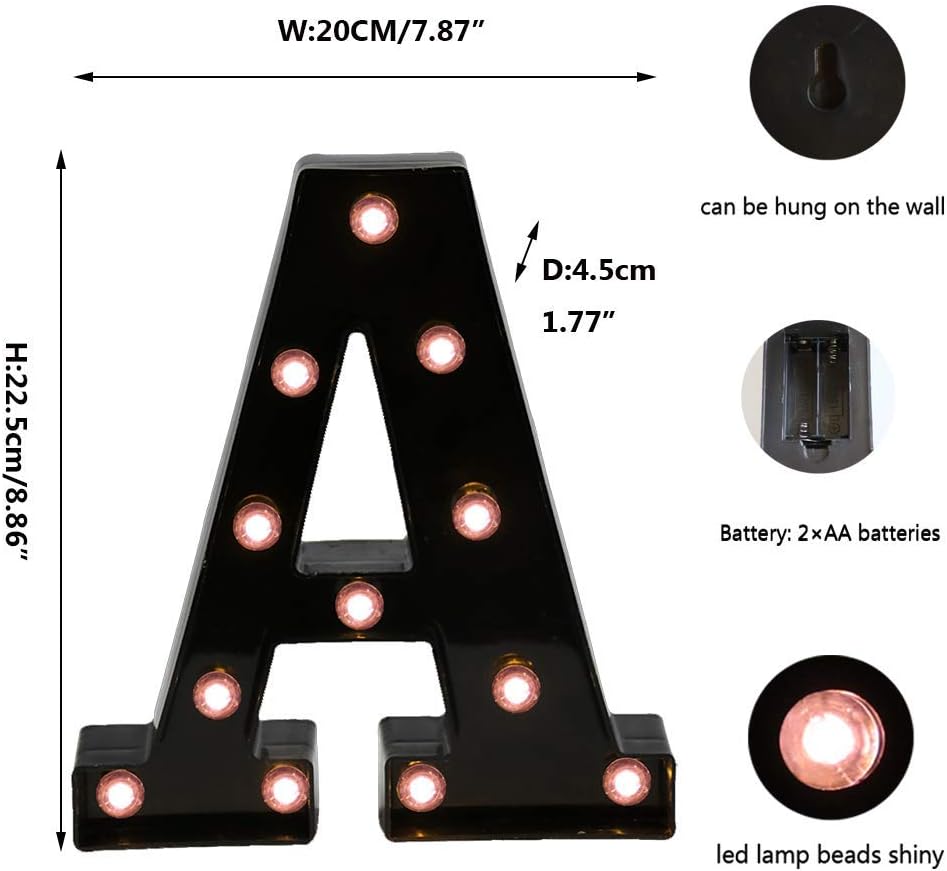 Light Up Black Alphabet Marquee Letters Sign LED Marquee Number Lights Sign for Night Light Home Bar Christmas Lamp Birthday Party Wedding Decoration A