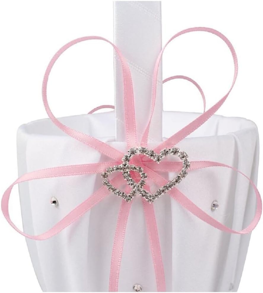 The Crafty Owl 2 Heart Rhinestones Ivort/Blue, Red, Purple, Black Trimming, Burlap,Pink Flowers or Champagne Satin Wedding Ring Bearer Pillow and Basket Set (White with Pink Trimming)
