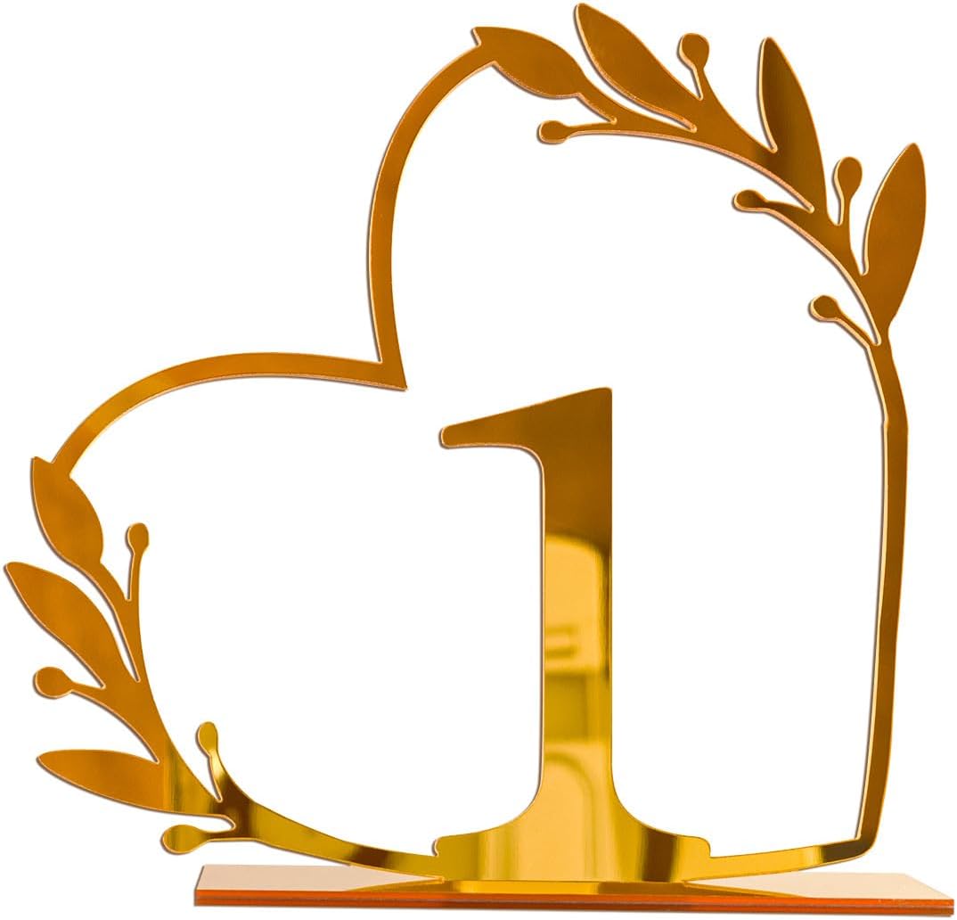 Gold Acrylic Heart-Shaped Table Numbers 1-20 for Weddings, Anniversaries, Parties, Birthdays, Events | 4.5" x 4.5"