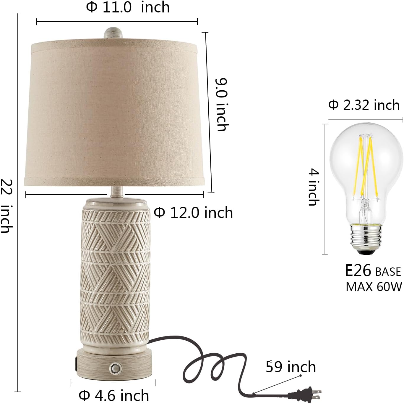 RORIA Set of 2 Rustic Touch Ceramic Table Lamps for Living Room, 3-Way Dimmable Nightstand Lamp with Dual USB Charging Ports, Linen Shade Bedside Bedroom Table Lamp, Bulbs Included