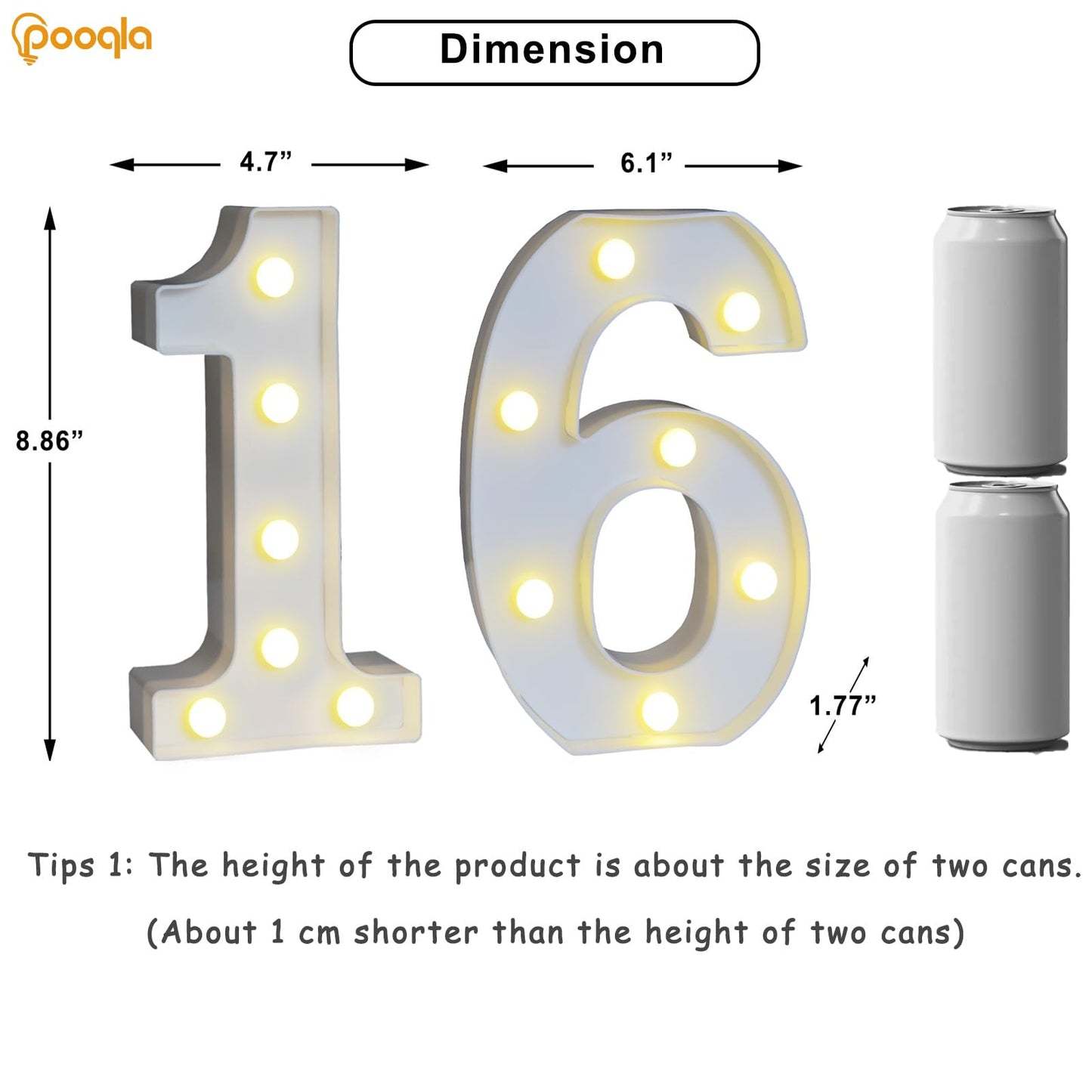 Pooqla Decorative Led Light Up Number Letters, White Plastic Marquee Number Lights Sign 16th