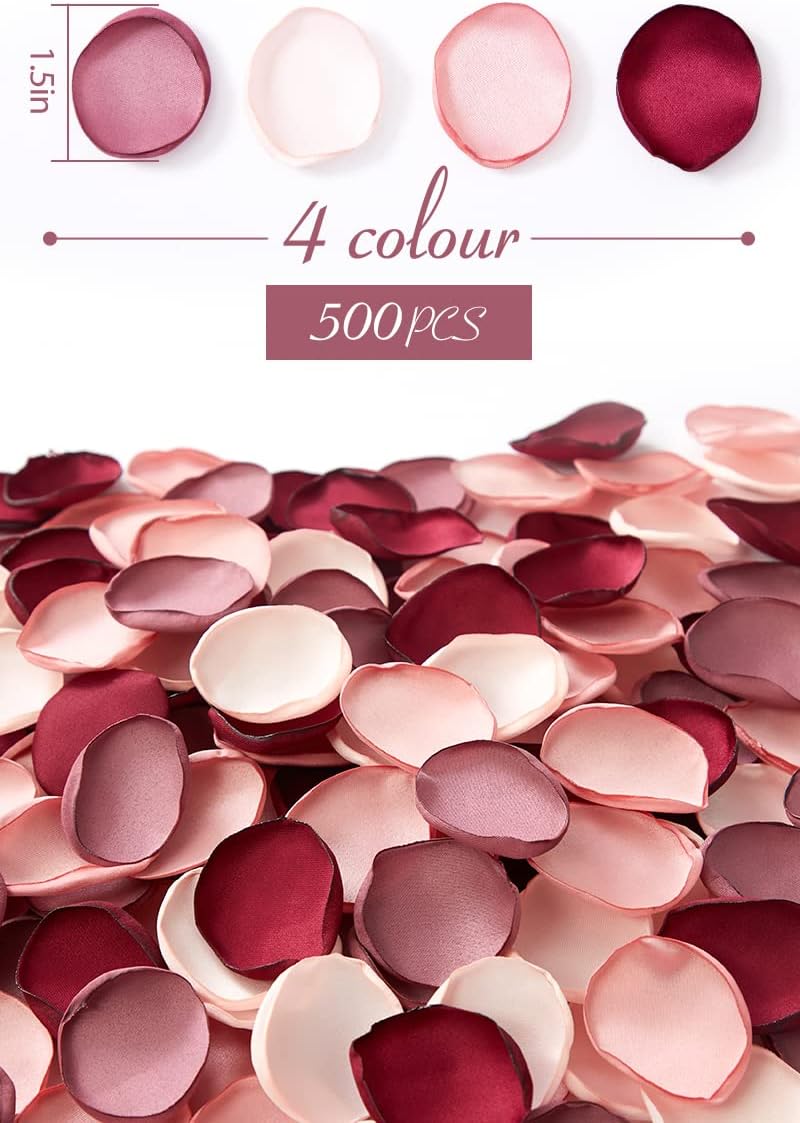 Serwalin 500pcs Silk Rose Petals Artificial Flowers Petals for Weddings Proposal Burgundy Pink Petals Fake Rose Petals for Wedding Flower Girl Basket Bridal Shower (4 Color Mixes)