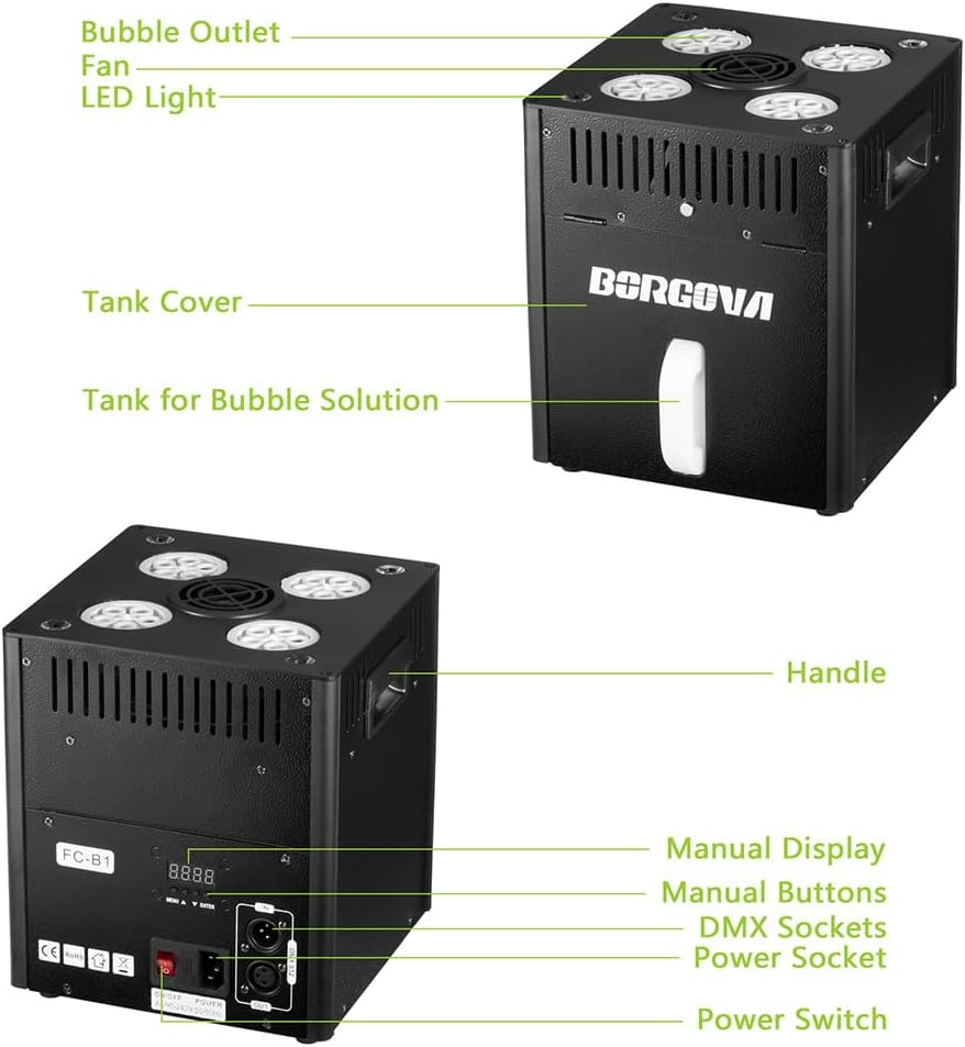 Stage Bubble Machine with Lights, DMX Control, Wireless Remote - Perfect for Weddings, Commercial Performances, Kids’ Parties, and Carnivals