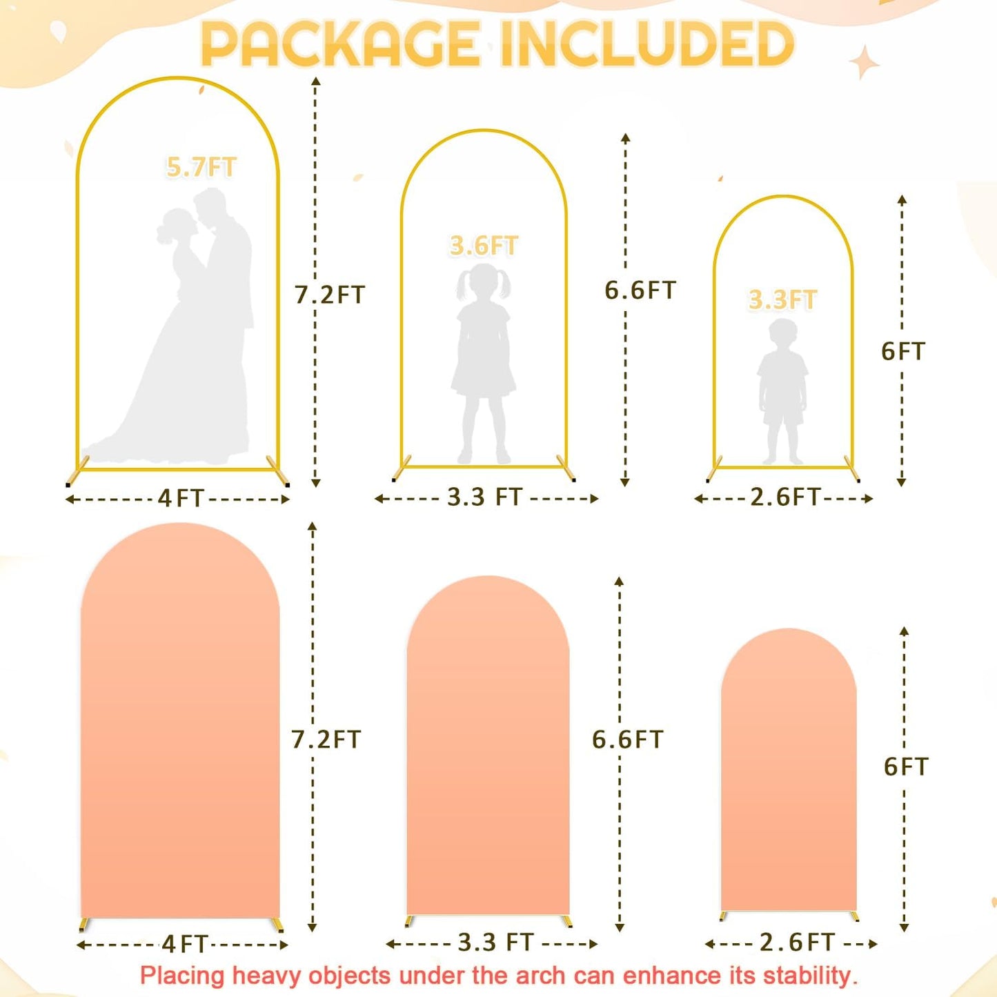 Metal Arch Backdrop Stand Set of 3 with Cover 7.2FT, 6.6FT, 6FT Wedding Arch Stand Arched Frame and Peach Arch Covers Stretchy Backdrop Spandex for Birthday Party Baby Shower Graduation Ceremony Decor