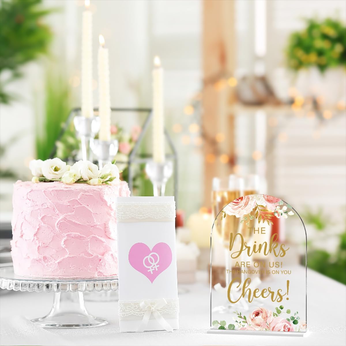 Acrylic Wedding Signs, Bridal Shower Decorations, The Drinks Signs for Reception, Modern Calligraphy Arch Acrylic Table Top Sign for Wedding Reception and Engagement Parties (Clear Pink Flowers)