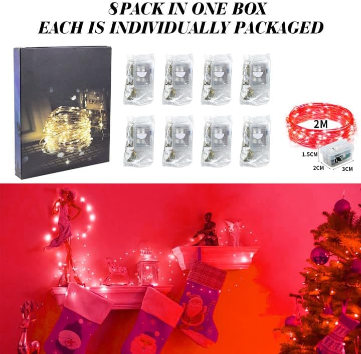 ZGWJ 8 Pack Fairy Lights Battery Operated, 7ft 20 Mini LED Fairy String Lights Silver Wire 3 Modes for DIY, Parties, Wedding, Bedroom, Halloween Christmas Decoration Red