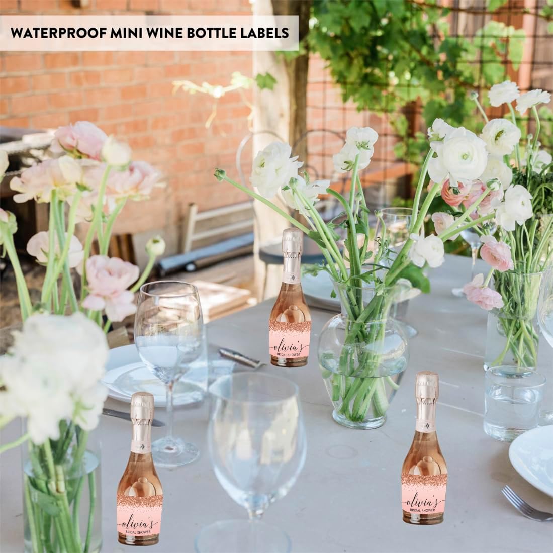 Andaz Press Personalized Mini Wine Bottle Labels, Bridal Shower, Blush Pink Faux Rose Gold Glitter, 20-Pack, Custom Champagne Labels