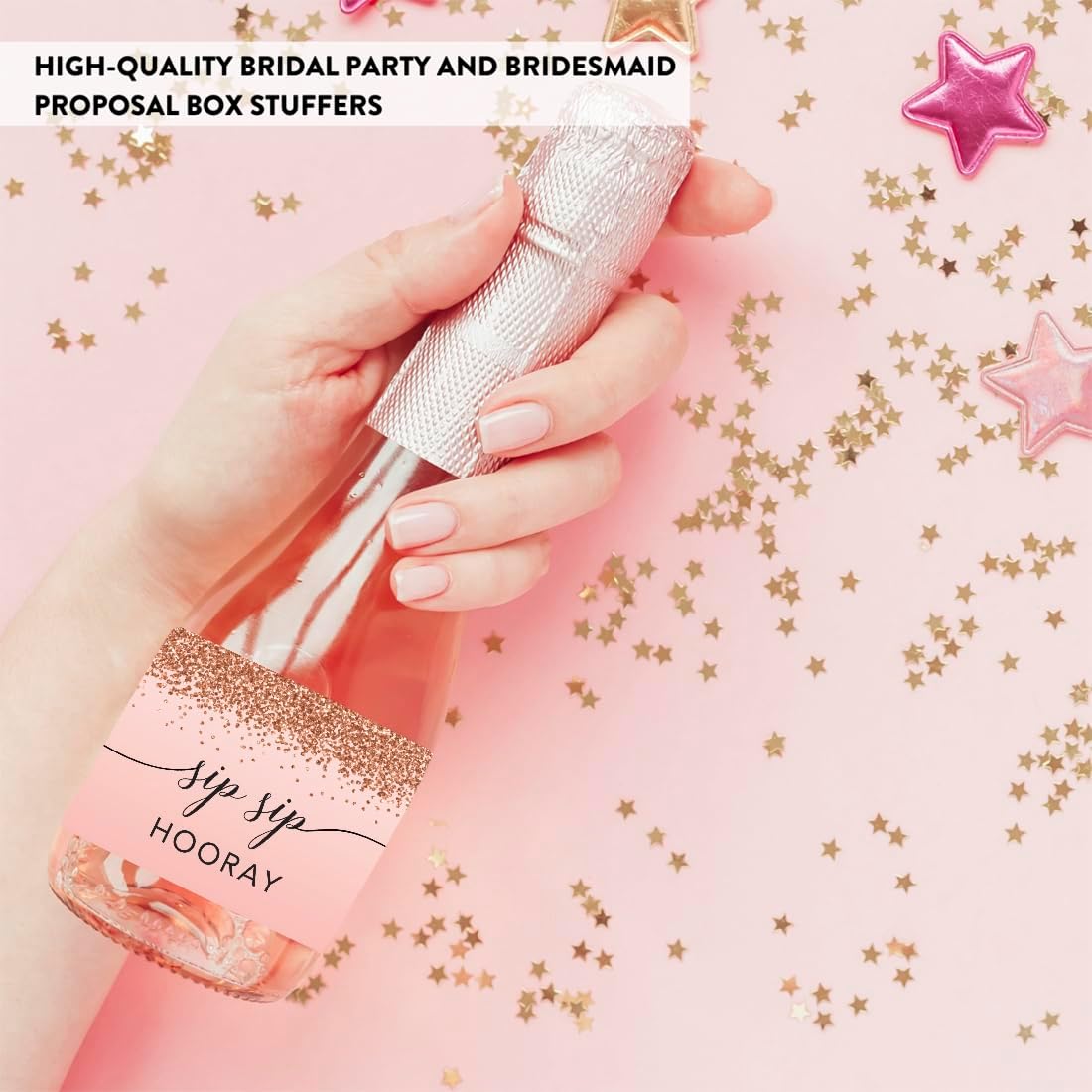 Andaz Press Mini Champagne Wine Bottle Proposal Labels - Will You Be My Bridesmaid? Matron Maid of Honor? - Blush Pink Faux Rose Gold Glitter 20-Pack Stickers