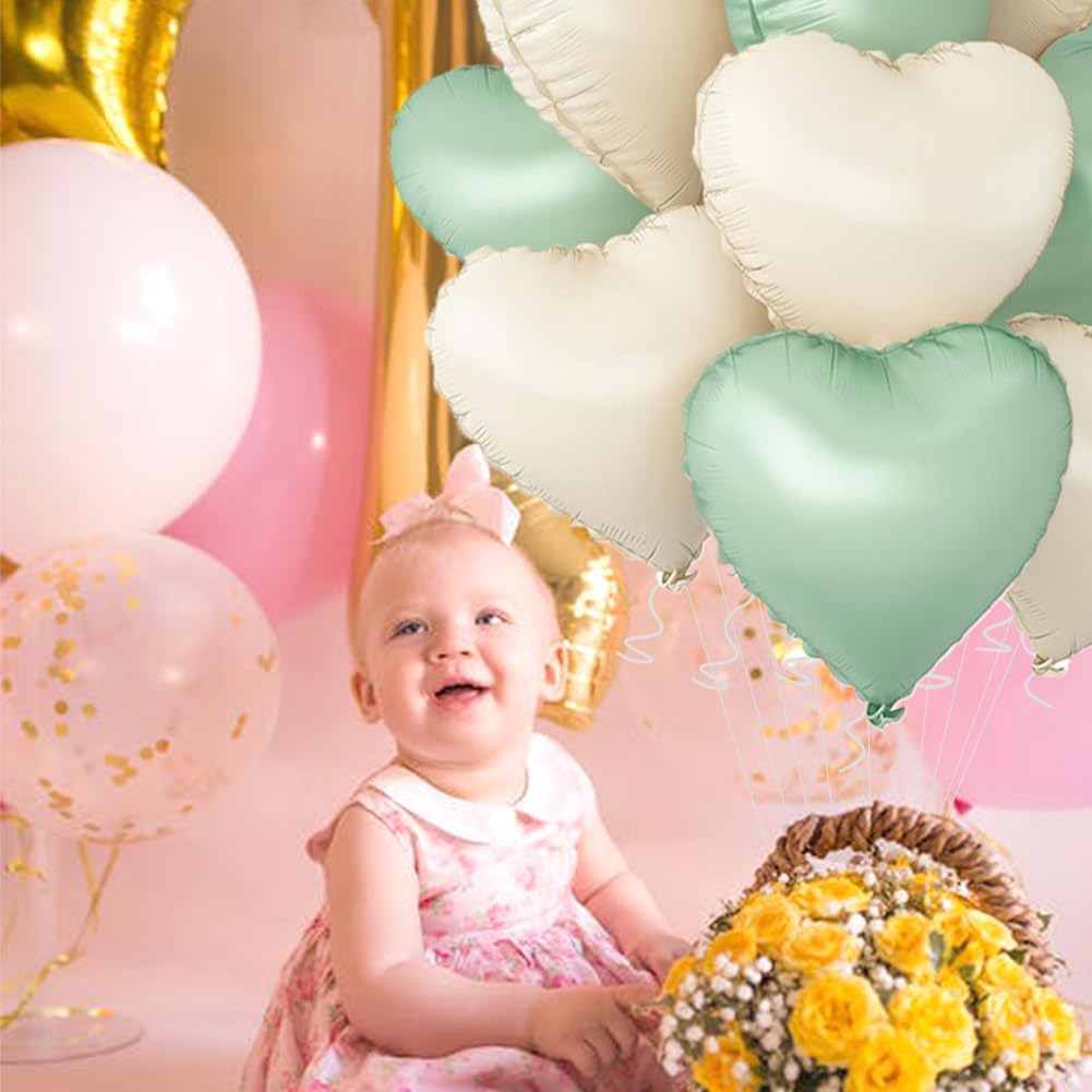 Baby White Heart Balloons,18 Inch Light Green Helium Foil Love Heart Shaped Balloons for Anniversary Wedding Engagement Birthday Party Baby Shower Valentines Decorations(12Pcs)