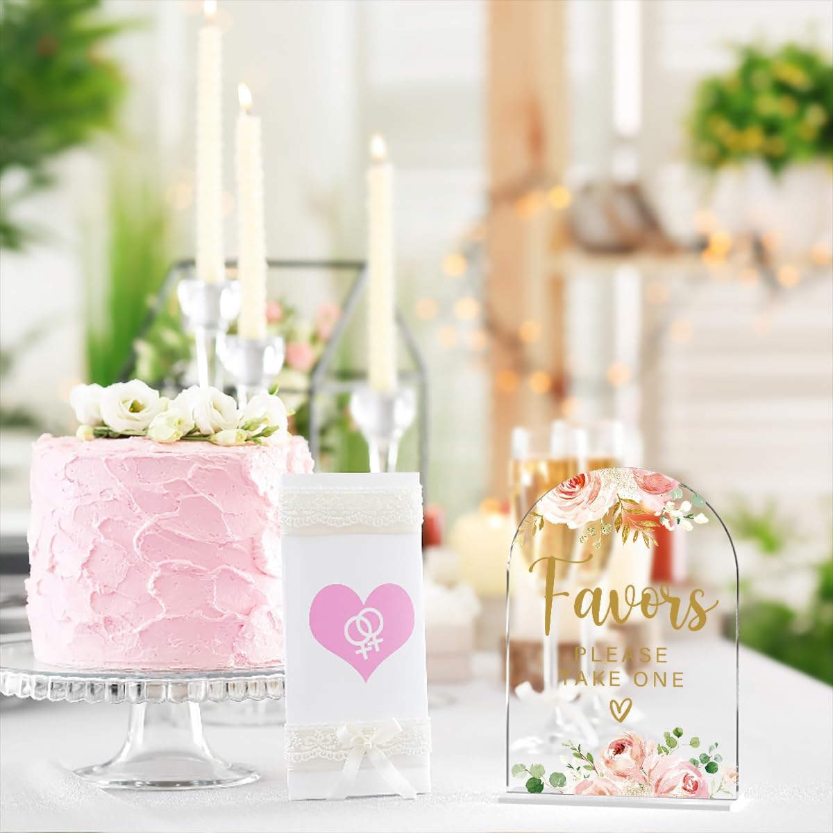 Acrylic Wedding Signs, Bridal Shower Decorations, Modern Calligraphy Arch Acrylic Table Top Sign for Wedding Reception and Engagement Parties - Favors Please Take One (Clear Pink Flowers)