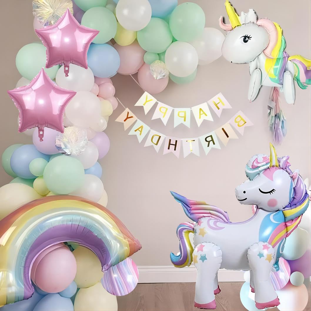 DUILE 5 Pcs Self Standing Unicorn Balloons - 3D Rainbow and Star Foil Balloons for Birthday Party