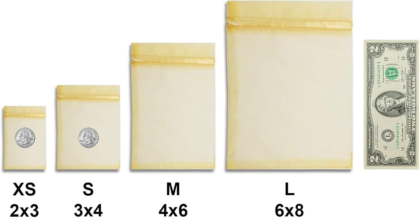 TheDisplayGuys 100-Pack 3x4 Gold Sheer Organza Gift Bags with Drawstring, Jewelry Candy Treat Wedding Party Favors Mesh Pouch