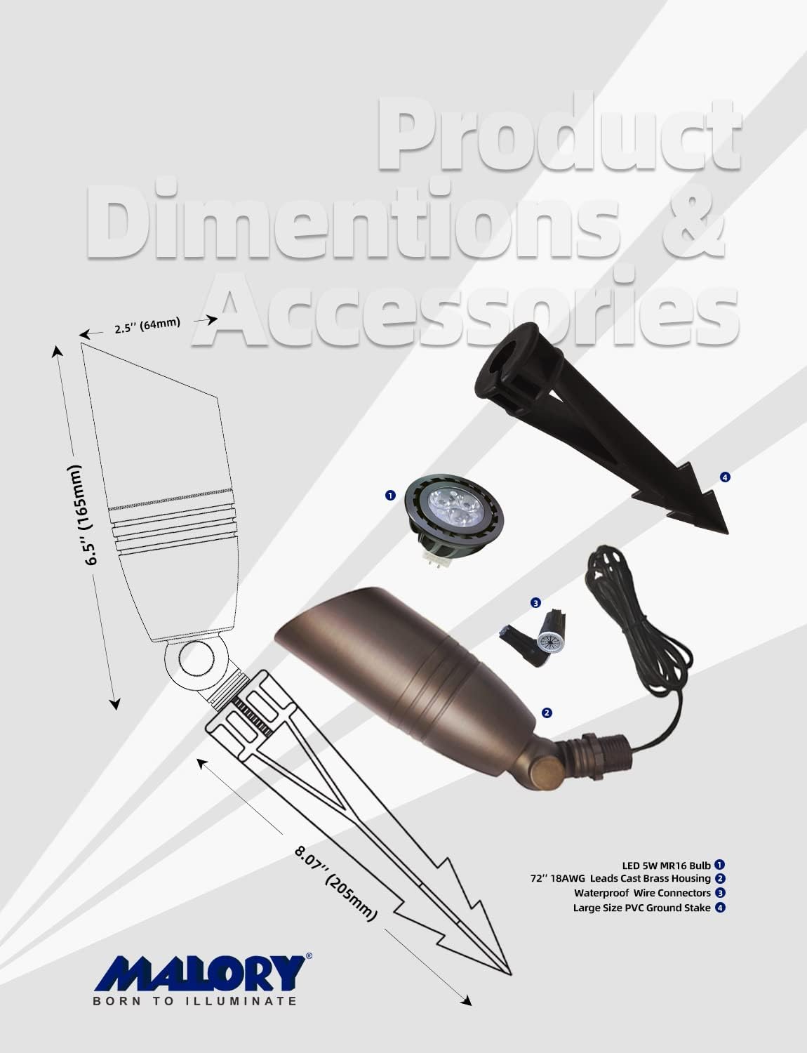 MALORY Brass Landscape Spotlights 1-Pack with MR16 Bulb(S02), 12V Low Voltage Landscape Lighting LED Outdoor Spot Uplights for House and Tree,PVC Ground Stake and Wire Connector Included, 5W 2700K