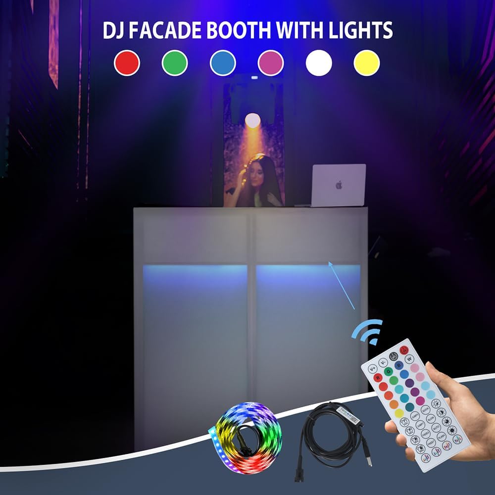 LUCKUP DJ Facade Booth 41"L x 20"W Portable DJ Facade with White & Black Scrim, Foldable DJ Table Station with LED Strips for Party, Black Metal Frame