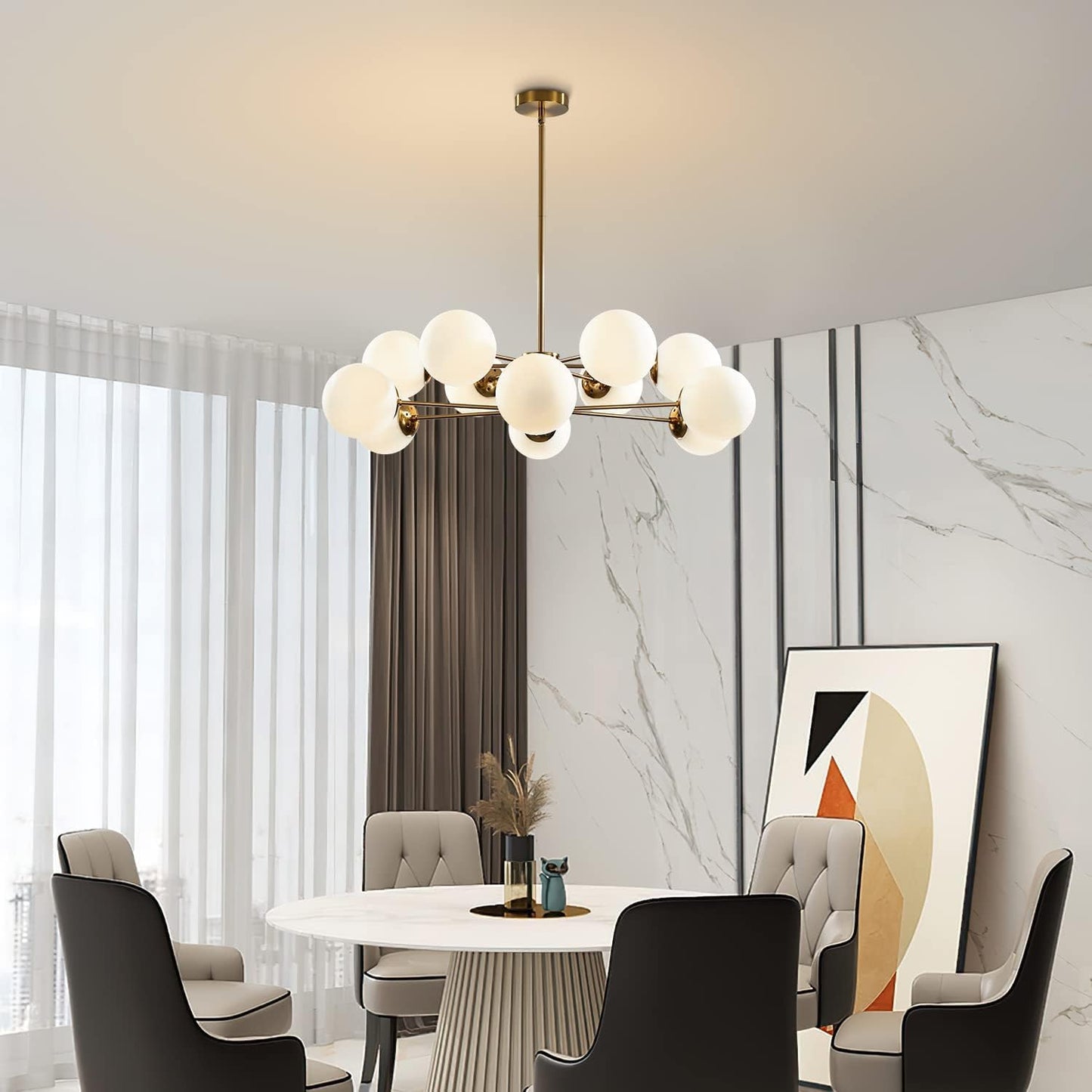 KCO Lighting 12-Light Glass Globe Sputnik Chandelier Light Fixture Mid Century Modern Chandeliers Brushed Brass Chandelier Milk White Glass Ceiling Light Fixture (Gold+White)