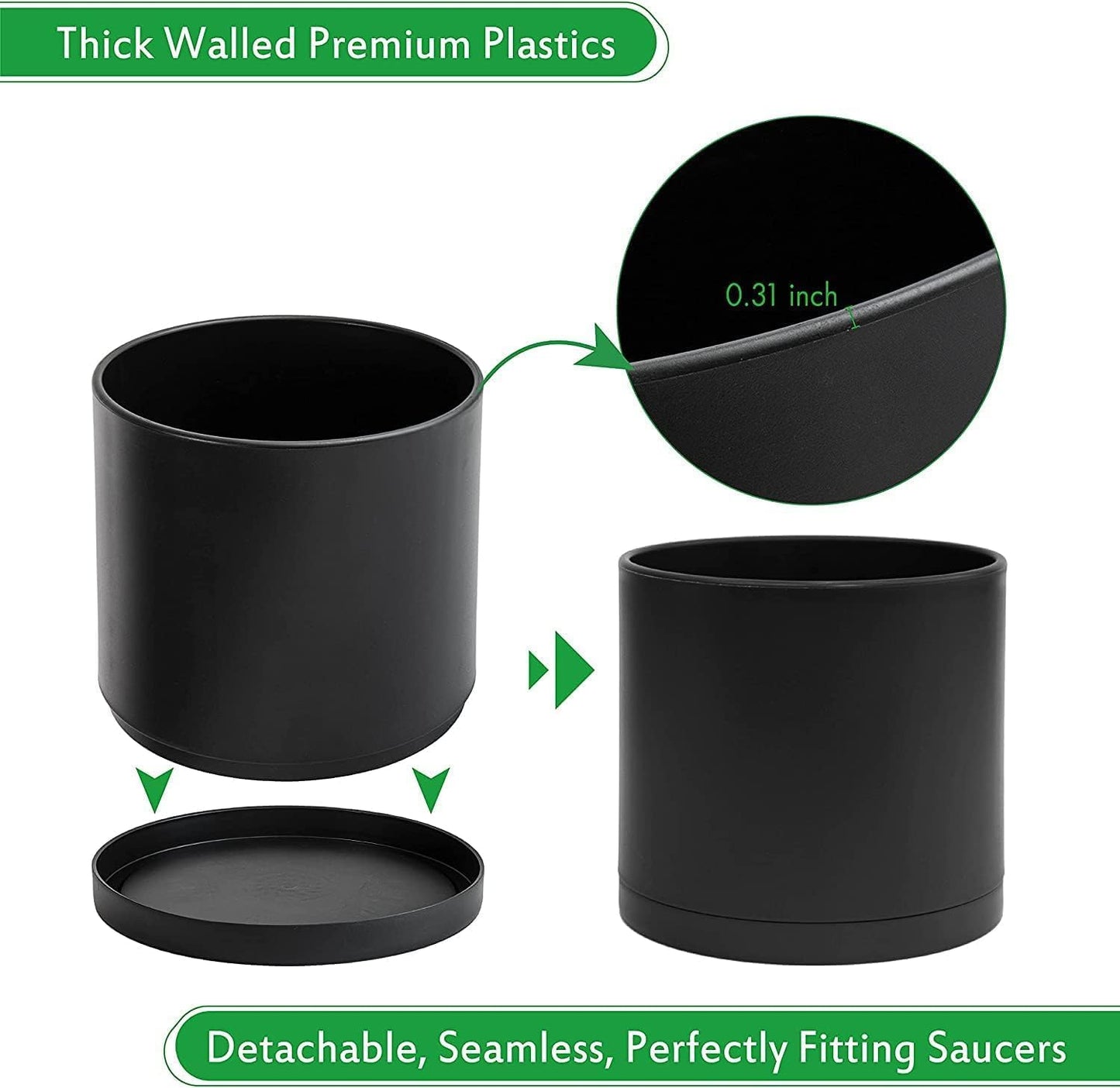 D'vine Dev 2 Pack 10 Inch Modern Plastic Plant Pots, Cylindrical Garden Planters for Plants with Drainage Holes and Saucers, Black, 74-Y-N-1