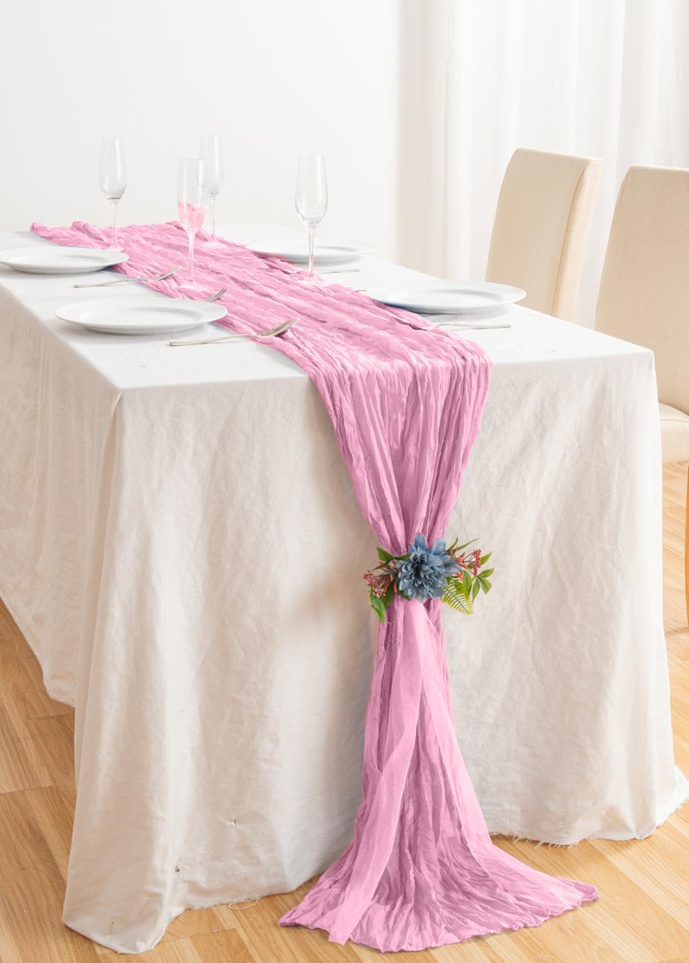 6 Pack Pink Cheesecloth Table Runner 20x120 Inch Boho Wrinkled Sheer Romantic Gauze Decor for Wedding, Bridal Shower, Birthday Party