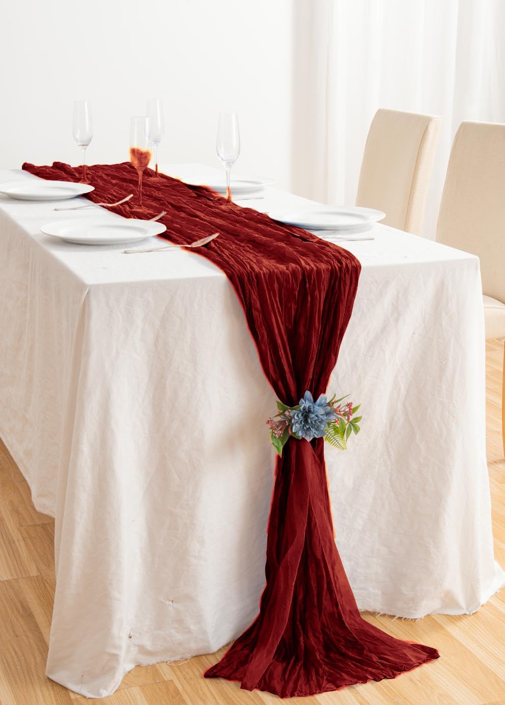 8 Pack 10Ft Table Runner 35x120 inch Burgundy Boho Gauze Table Cheese Cloth Long Wrinkled Sheer Table Runner for Wedding Bridal Shower Birthday Party Table Decor