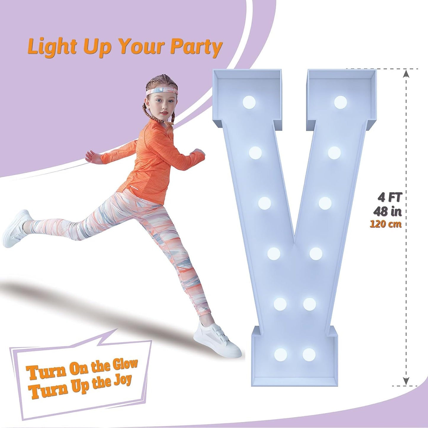 4FT Marquee Light Up Letters V – Cool White LED, Easy to Assemble Foam Board with Back Support, Large Marquee Light Up Letters for Birthday, Wedding, Party, Anniversary, Baby Shower Decor