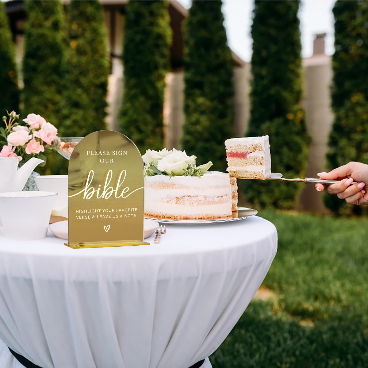 Acrylic Wedding Sign, Bridal Shower Decorations, Please Sign Our Bible Sign for Ceremony, Modern Font Table Signs, Gold Mirror Arched Acrylic Tabletop Signs for Wedding Reception and Event Party