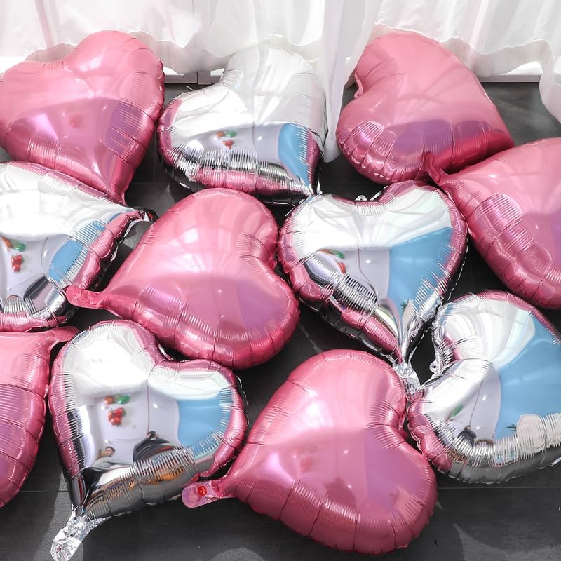 Pink Heart Shaped balloons Pack of 10, 18 Inch Love Valentine Balloons Silver Heart Romantic Balloons For Valentines Day Propose Marriage Wedding Bridal Shower Engagement Party Decorations