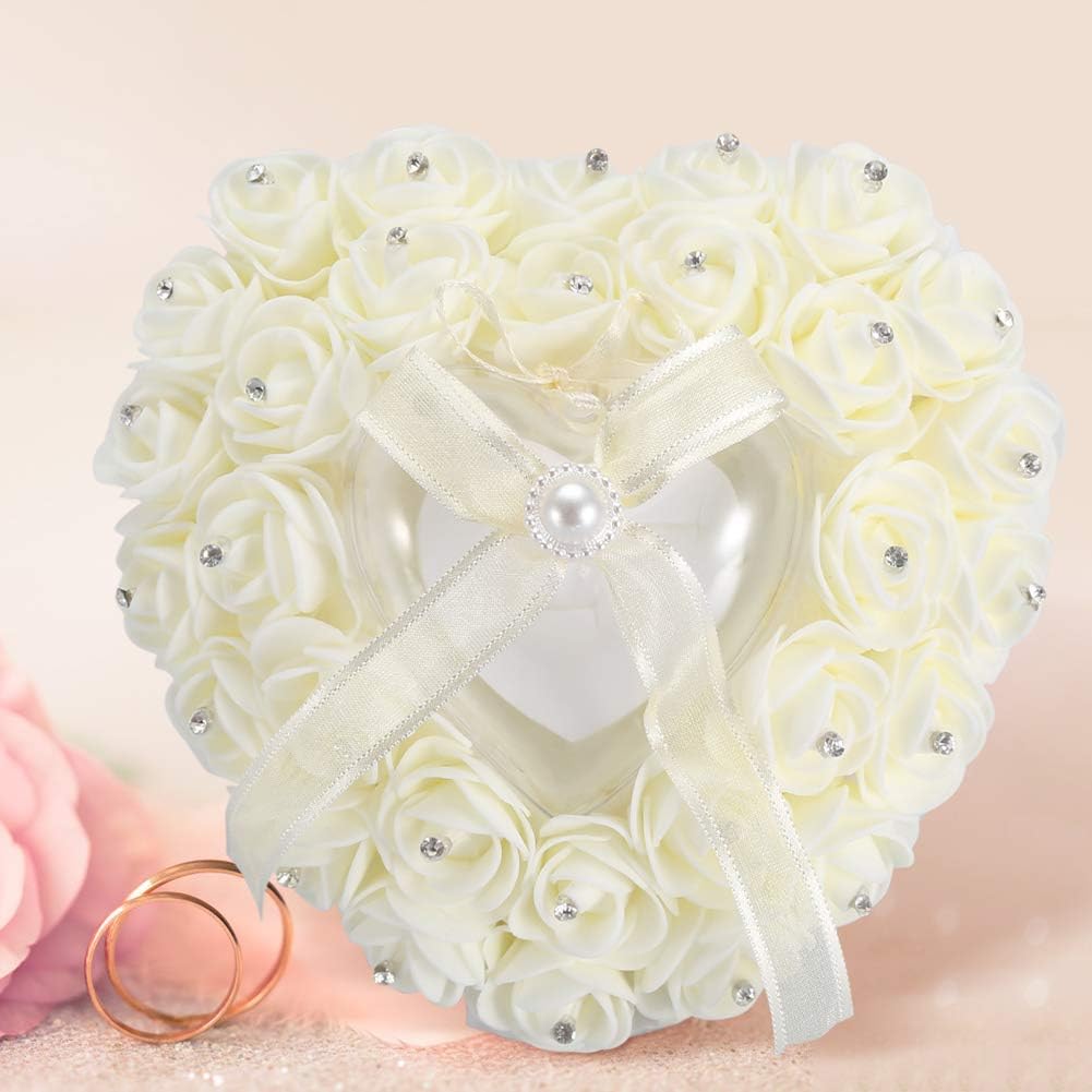 Hilitand Wedding Cushion Pillow Romantic Heart Shaped Wedding Box Rose Rhinestone Decorative Jewellery Boxes(Milky White)