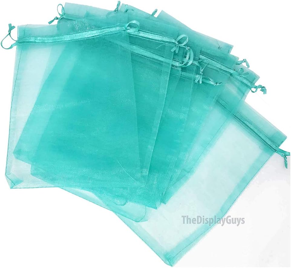 TheDisplayGuys 100-Pack 6x8 Teal Sheer Organza Gift Bags with Drawstring, Jewelry Candy Treat Wedding Party Favors Mesh Pouch