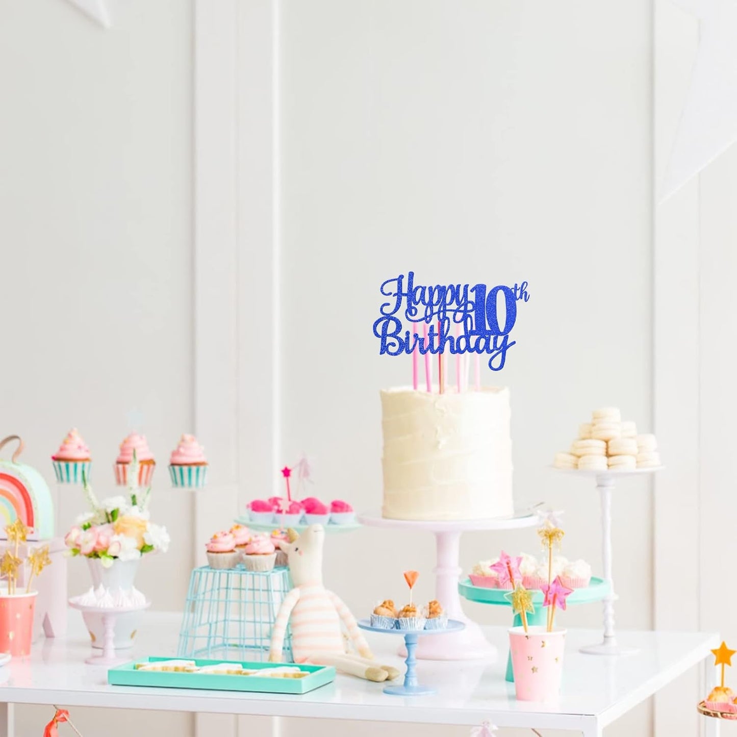 1 PCS Happy 10th Birthday Cake Topper Glitter Cheers to 10 Years Birthday Cake Pick 10 Fabulous Double Digits Cake Decoration for Happy 10th Birthday Theme Party Decorations Supplies Blue