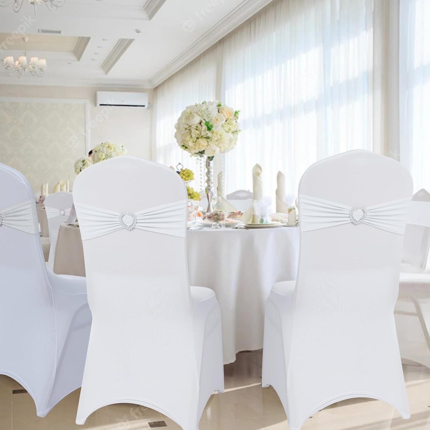 Howhic Pack of 60 Spandex Chair Sashes Bows Stretch Chair Cover Band with Buckle Slider Universal Elastic Chair Ties for Wedding Banquet Party Event Decoration (White)