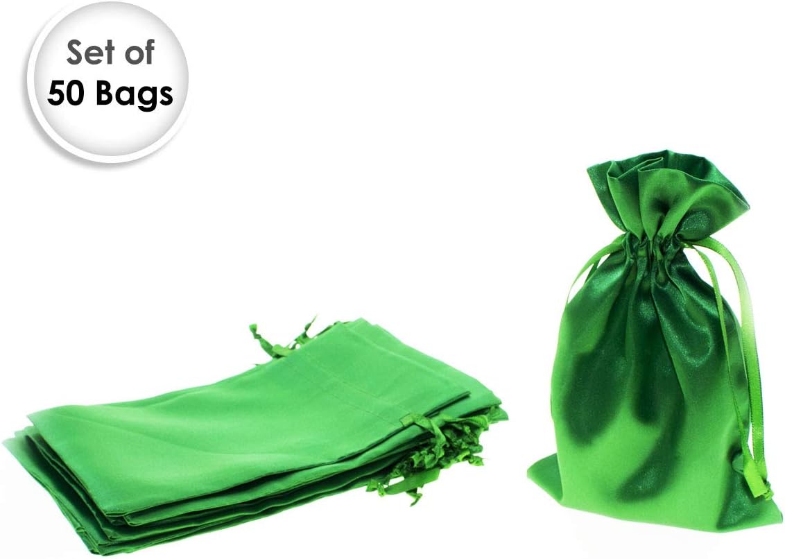 4" x 6" Green Satin Gift Bags, Jewelry Bags, Wedding Favor Drawstring Bags Baby Shower Christmas Gift Bags 50 per Pack