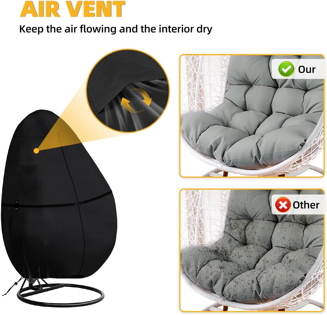 Outdoor Egg Chair Cover Waterproof with Zipper, UV Resistant & Windproof All-Weather Hanging Egg Chair Cover, Fade and Tear Resistant Hanging Chair Covers, 78" x 69", Black