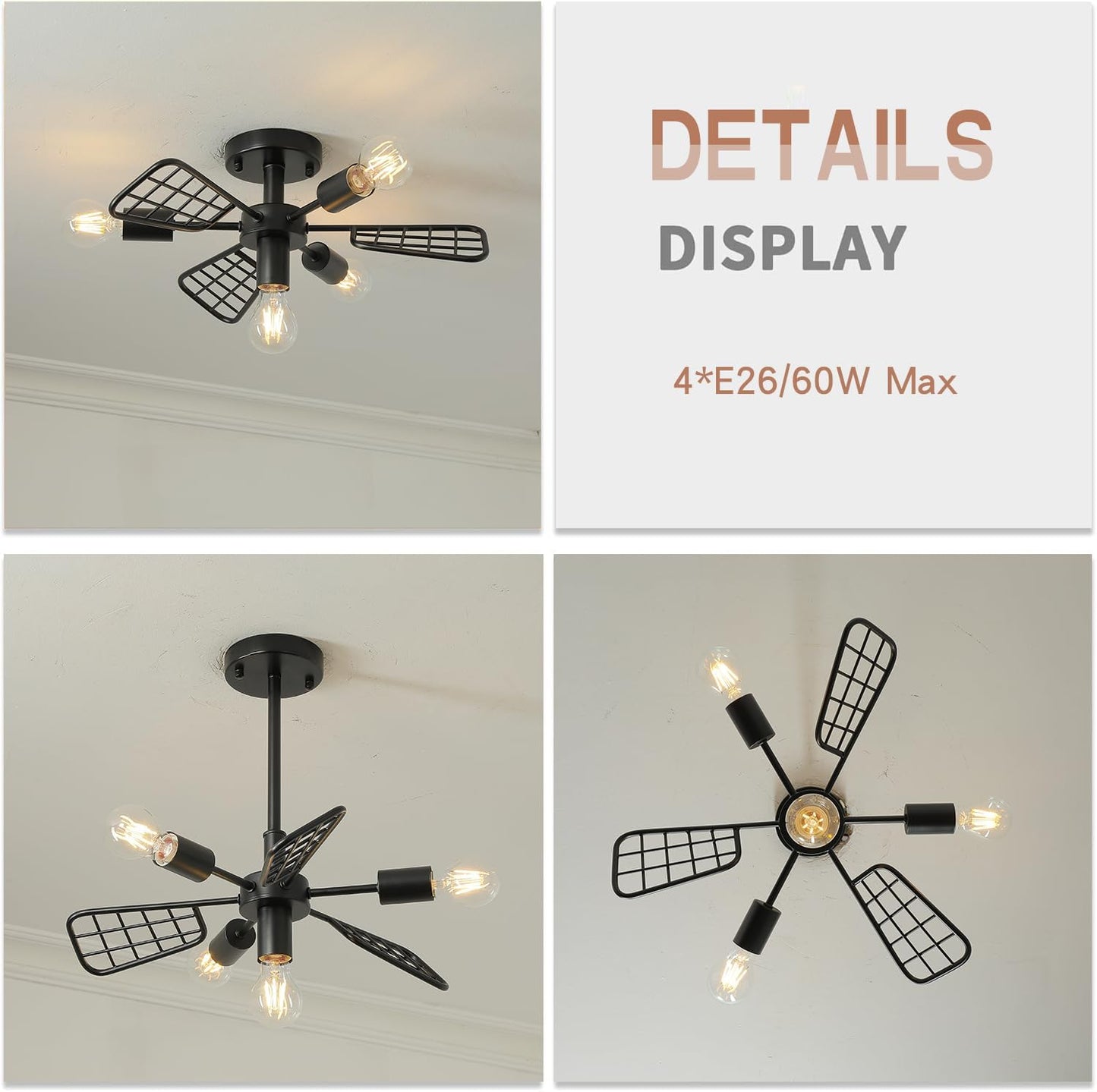 Modern Farmhouse Chandelier,21 Inch Black Metal Geometry Rustic Vintage Semi Flush Mounted Ceiling Light Fixture for Dining Room Bedroom Kitchen Island Hallway Foyer Entryway(4-Light)