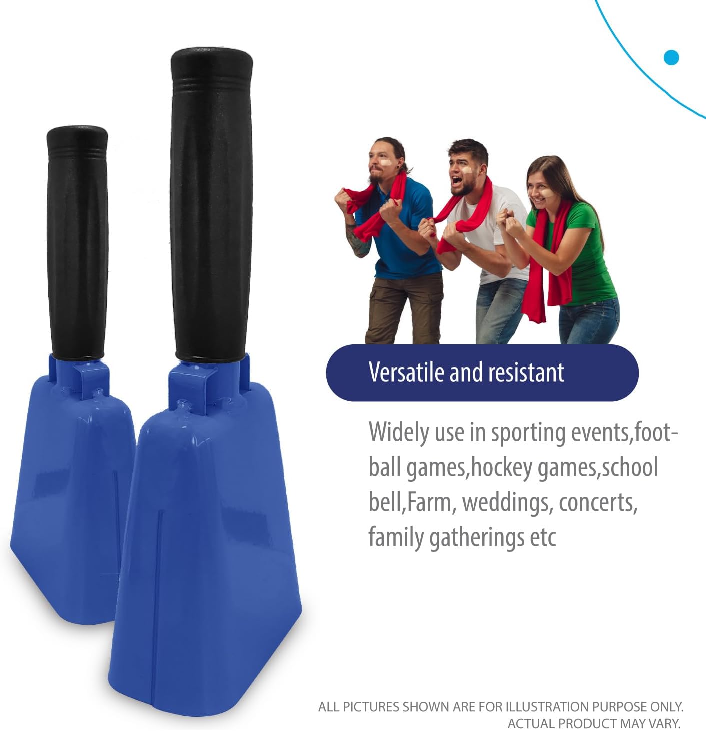 Deke Home - 2 Pack 7 Inch Steel Cowbells with Handle, Loud Noise Makers for Football, Sports, Parties, Competitions, School Spirit & Safety, Large Hand Bell for Cheering & Percussion Instrument