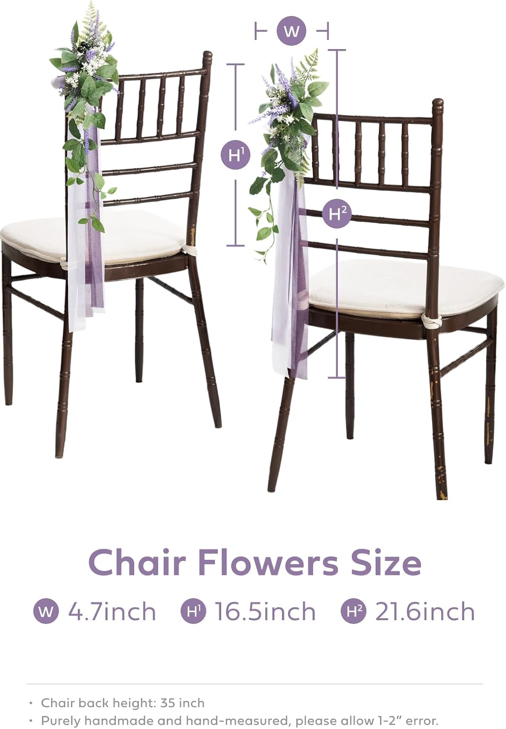 Ling's moment 8pcs Wedding Artificial Aisle Pew Flowers Chair Decorations Arrangements with Chiffon Ribbons Lavender Purple for Ceremony Chair Back Floral Decor Reception Church Party Outdoor