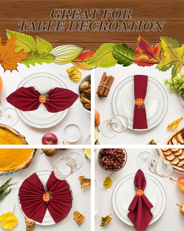 KPOSIYA 24 Pcs Fall and Christmas Napkin Set - 12 Thanksgiving Rings and 12 Cloth Napkins - Maple Leaf and Halloween Pumpkin Holders for Table Decorations
