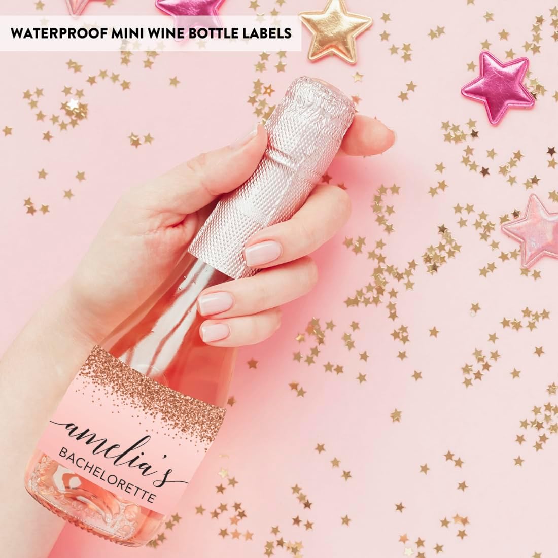 Andaz Press Personalized Bachelorette Mini Wine Labels, Blush Pink Faux Rose Gold Glitter Elegant 20-Pack Custom Mini Champagne Bottle Labels