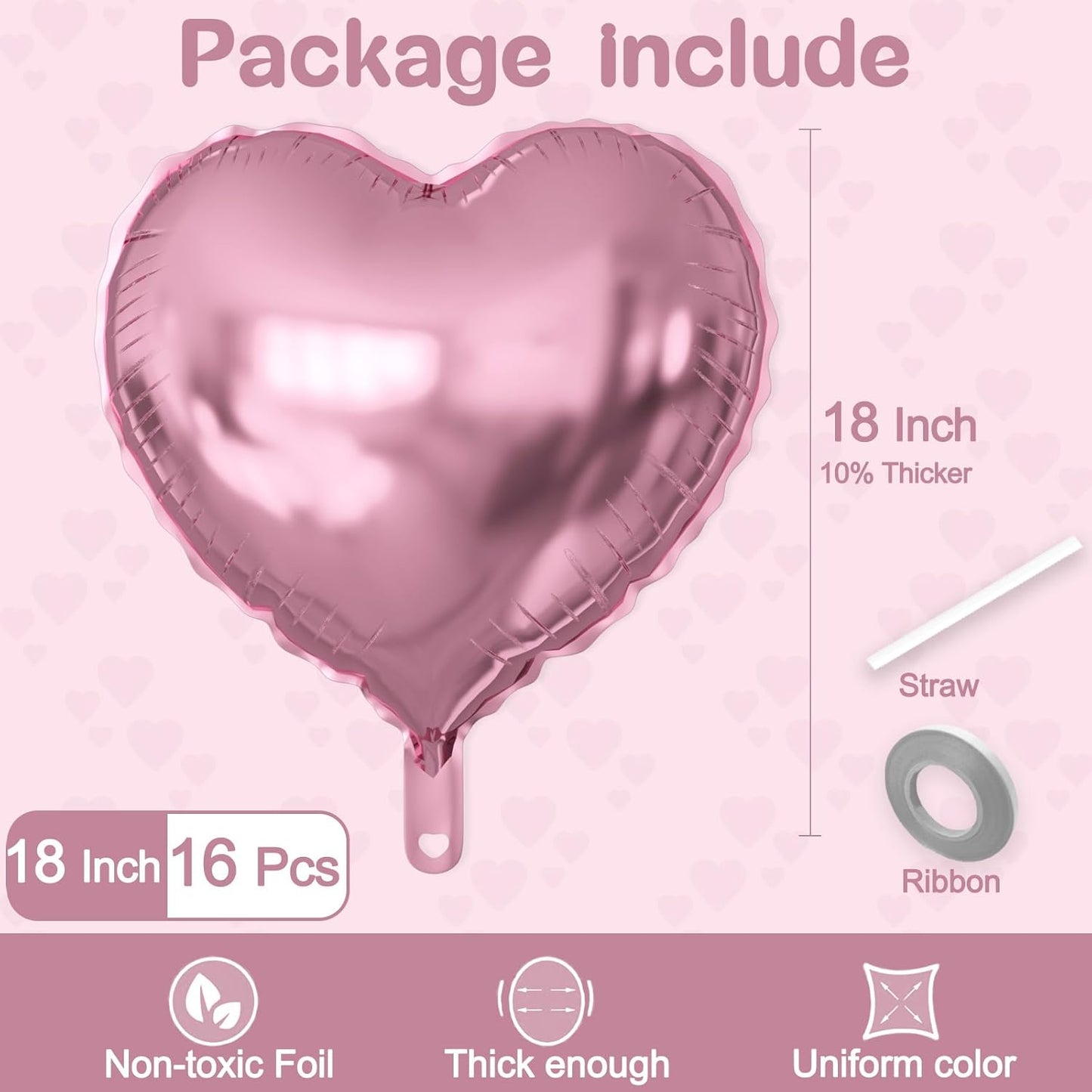 16 Pcs Heart Balloons, 18 Inch Pink Love Heart Shaped Foil Balloons for Wedding Anniversary Birthday Party Valentine Decorations Baby Shower Bridal Shower Engagement Decorations Supplies