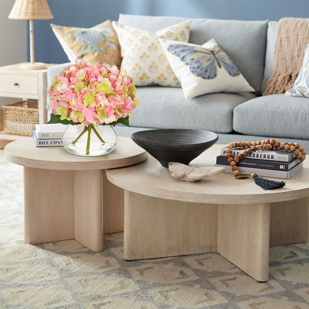 Hollyone Hydrangea Artificial Flowers with Glass Vase Pink-Green Silk Faux Flowers Arrangements in Vase with Faux Water Fake Floral Bulk Bouquet for Home Decor Table Centerpiece Decorations