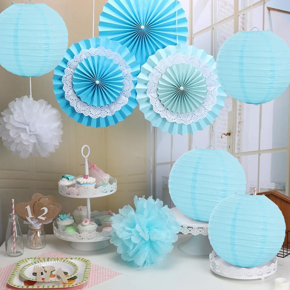 BEISHIDA 10-Inch Light Blue Round Paper Lanterns Decorative Hanging Asia Chinese Japanese Paper Lanterns Lamp for Birthday Wedding Baby Shower Home Decor Party Decoration(6 Packs)