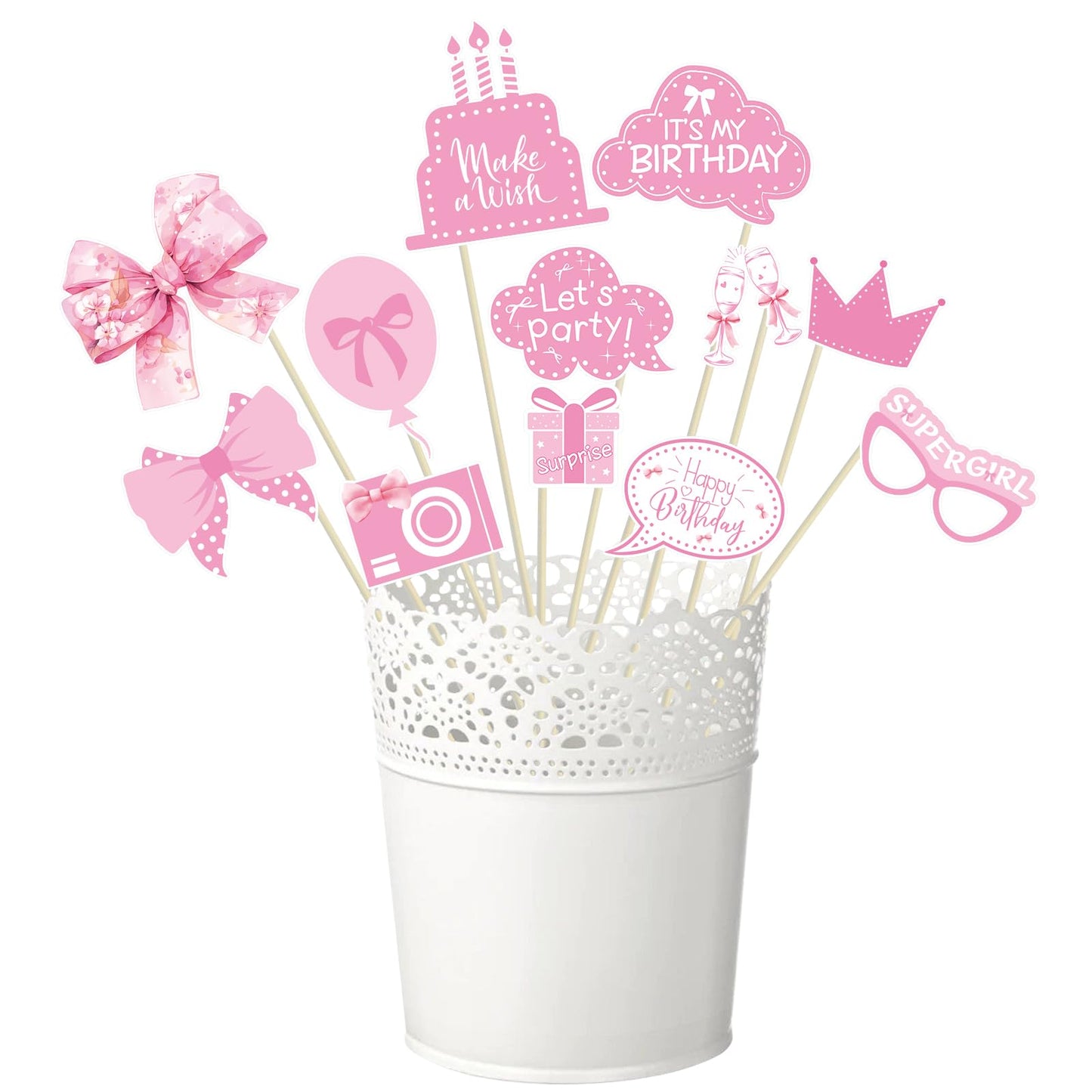 Pink Bow Party Decorations Photo Booth Props Signs,25pcs Pink Bow Birthday Decorations Selfie Props