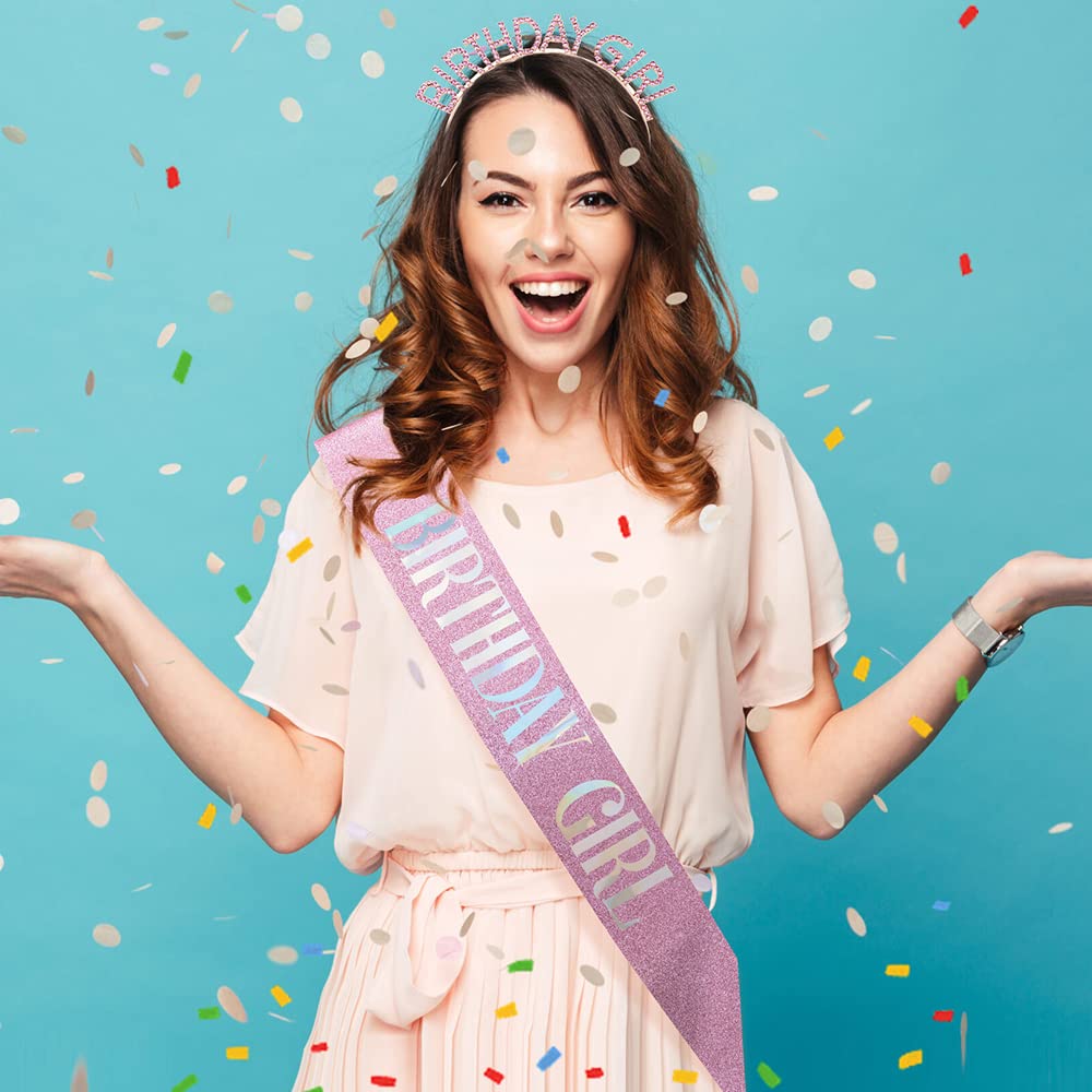 PQRUU Glitter Birthday Sash, Tiara and Rhinestone Headband Set - Pink Birthday Accessories for Her
