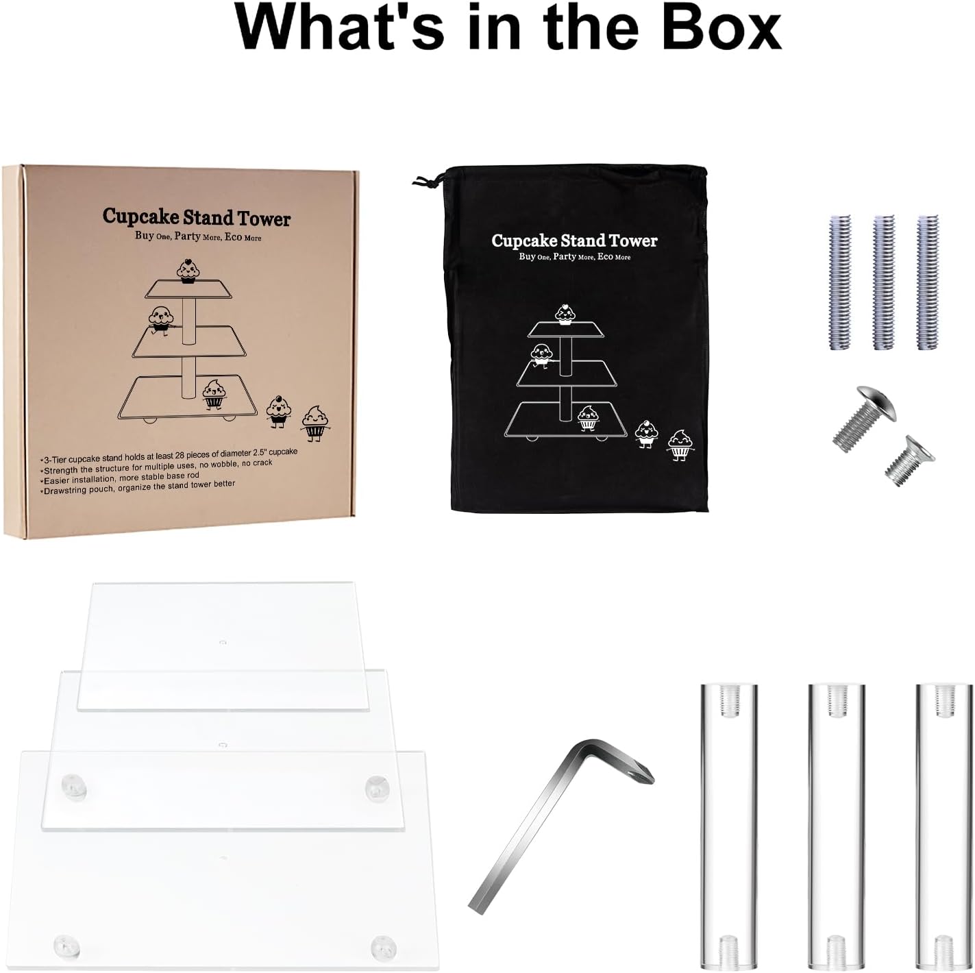 Boxalls Cupcake Stand, 3 Tier Square Acrylic Cupcake Display Stand Holder, Clear Dessert Pastry Tower for Wedding, Birthday, Theme Party, Baby Shower