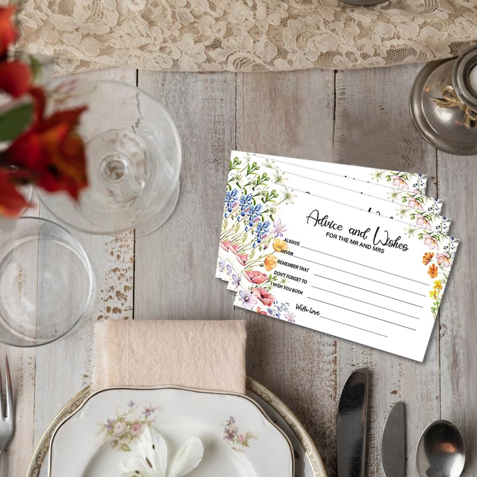 50Pcs Flower Wedding Advice Cards for Bridal Shower Games, Wildflower Advice and Wish Cards Box for The Mr And Mrs Bridal Shower Decorations