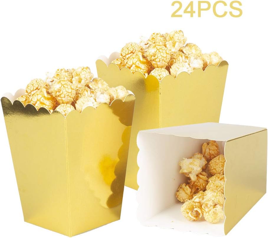 Gold Popcorn Boxes Mini Pack of 24, Paper Popcorn Container for Birthday Party, Graduation, Wedding, Carnival, Movie Night