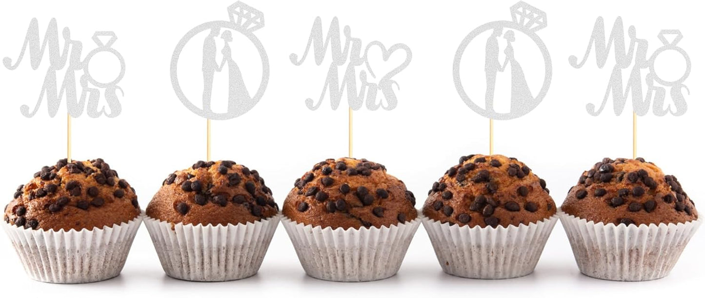 Sotpot 24PCS Miss to Mrs Cupcake Toppers with Ring Silver Glitter for Wedding Bridal Shower Wedding Engagement Party Cake Decorations