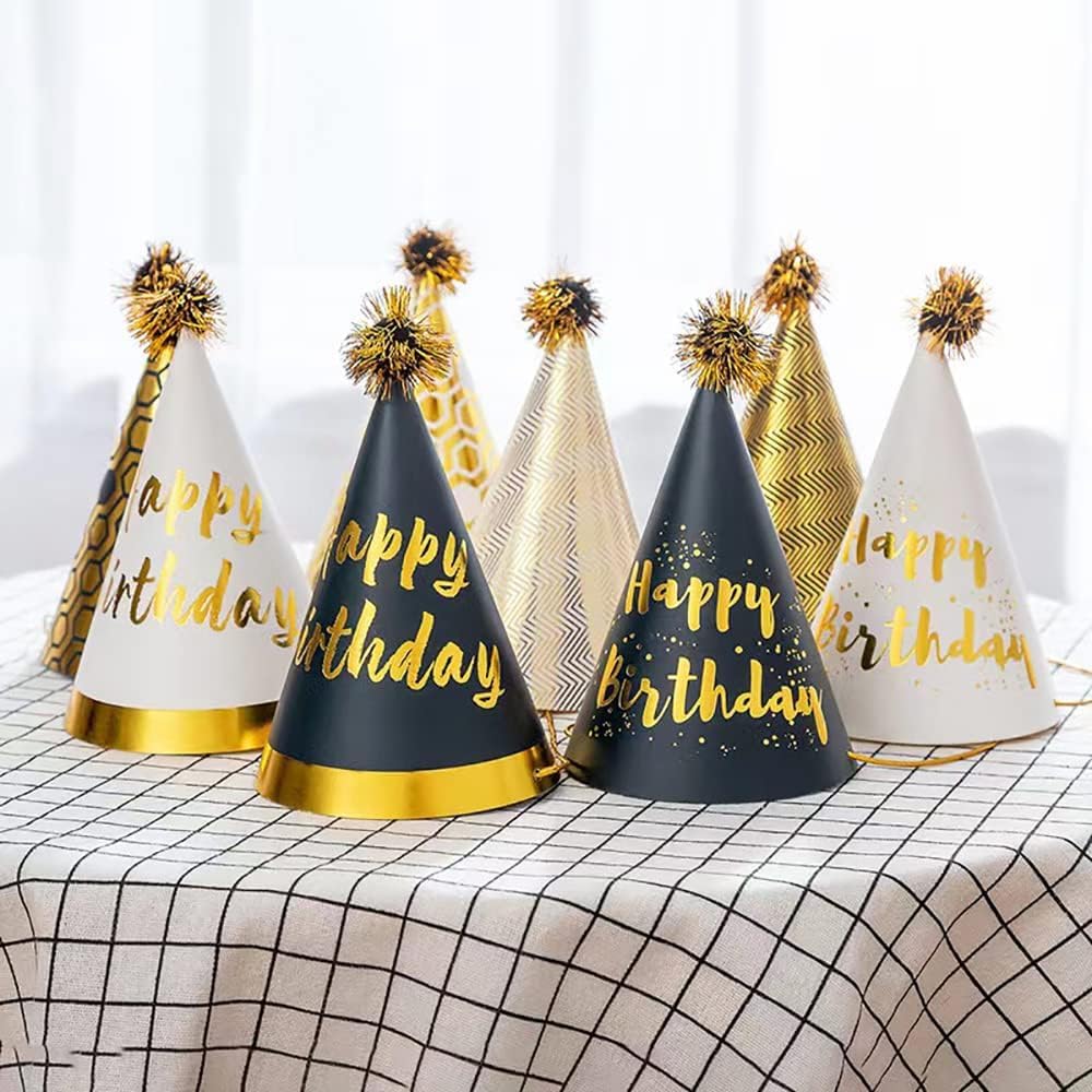 34 Pcs Birthday Party Hats - Gold Cone Hats Including 12 Paper Hats and 22 Noise Makers