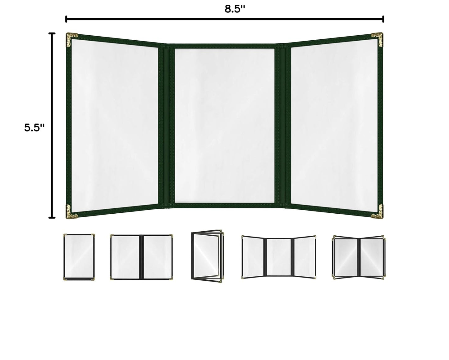 Goodsmart Restaurant Menu Covers – 25 Pack Green 6-View Trifold 5.5" x 8.5", Side-Loading Vinyl & Plastic Menu Holders, Clear Menu Sleeves, Leather-Style Café Covers with Gold Corners